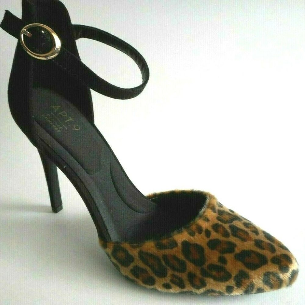 APT 9 Leopard Faux Fur Ankle Heel Sandal Shoes
